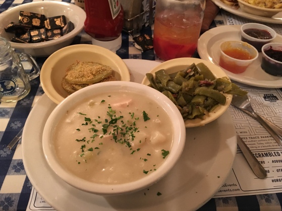 chicken n' dumplings, slow cooked green beans and fried green tomatoes