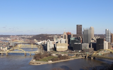 Pittsburgh from Grandview Avenue: the Allegheny on the left and the Monongahela on the right. Three Sisters Bridges on the left.