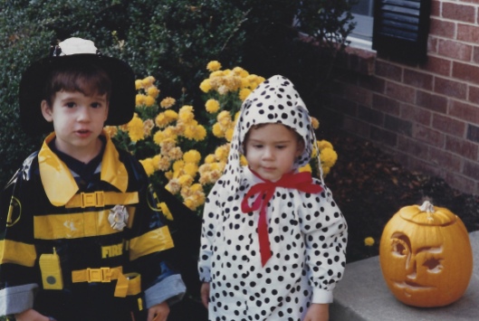 Here, Alex wears a packaged Fireman costume, while I made the Dalmation suit for Adam