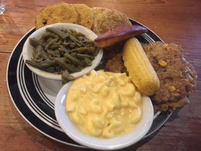 Four vegetables plate: Mac and Cheese, green beans, fried green tomatoes and corn oyster