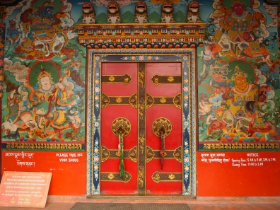 the painted doors and walls inside Tamang gompa